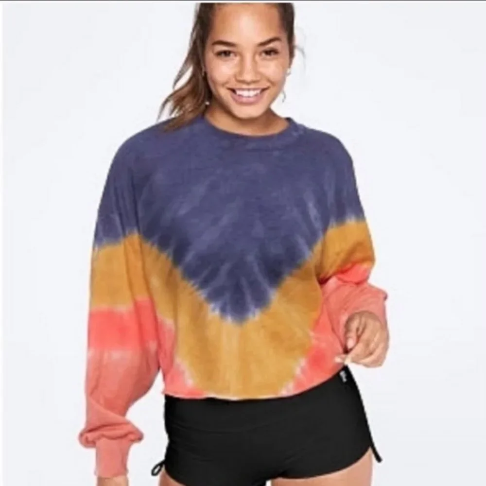 VS PINK Tie Dye Tricolor Crop Oversized Sweatshirt EUC sz M - Picture 9 of 9